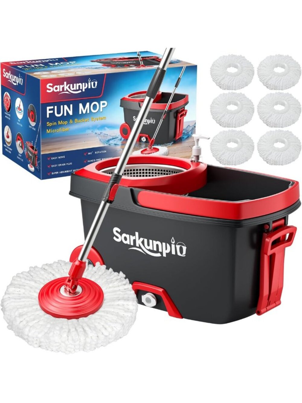 Spin Mop & Bucket Set with 6 Microfiber Heads - Efficient Cleaning Tool, Dark